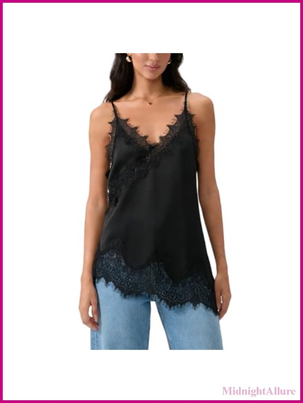 Satin Lace V-Neck Cami Top Long Asymmetrical Hem Spaghetti Strap Flowy Layering